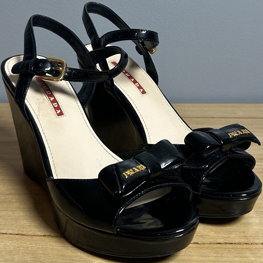 Prada Black Patent Leather Bow Accent Gold Hardware Platform Wedge Sandals